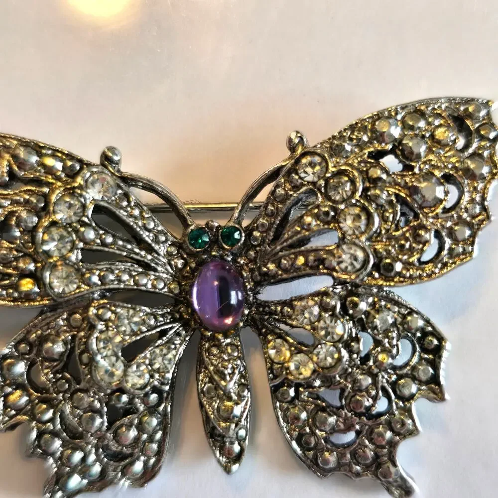 Vintage Butterfly Brooch Green Purple Rhinestone Faux Marcasite Cabochon Belly